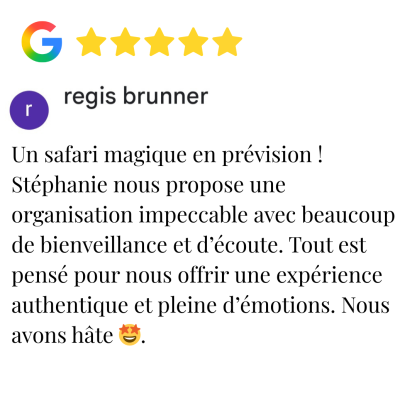 avis google 5 étoiles Avis positif sur un safari, soulignant l'organisation et l'expérience authentique proposée.